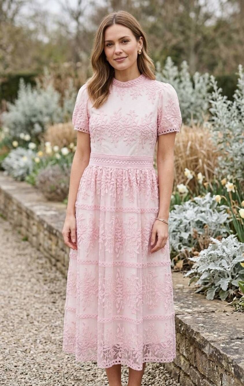 Ivy City Pink White Lace Midi Shift Dress Small Wedding Modest Princess Formal
